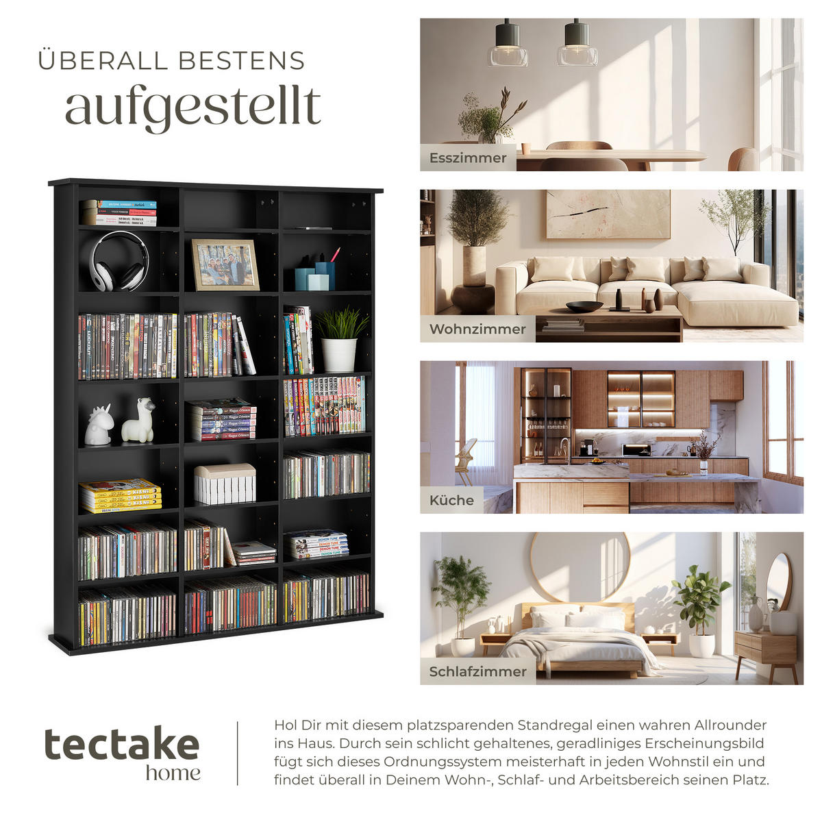 CD/DVD Regal Stevie,105,5 x 19 x 136,5 cm,schwarz - Schwarz, Holz (19/136.5/105.5cm) - tectake