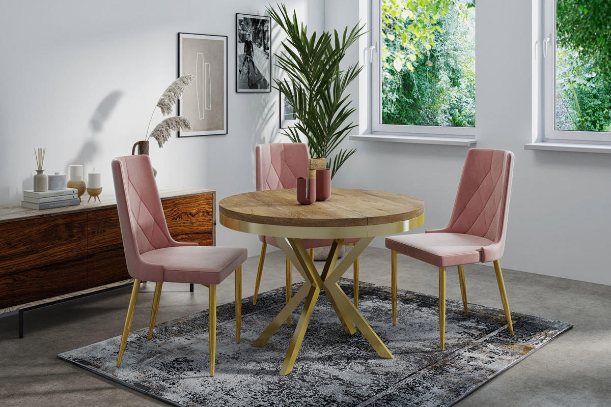 ESSTISCH Dina runder ausziehbarer, Lefkas Eiche 120-200/100/76 cm - Alteiche/Goldfarben, Holzwerkstoff/Metall (120/200/76cm) - WFL GROUP