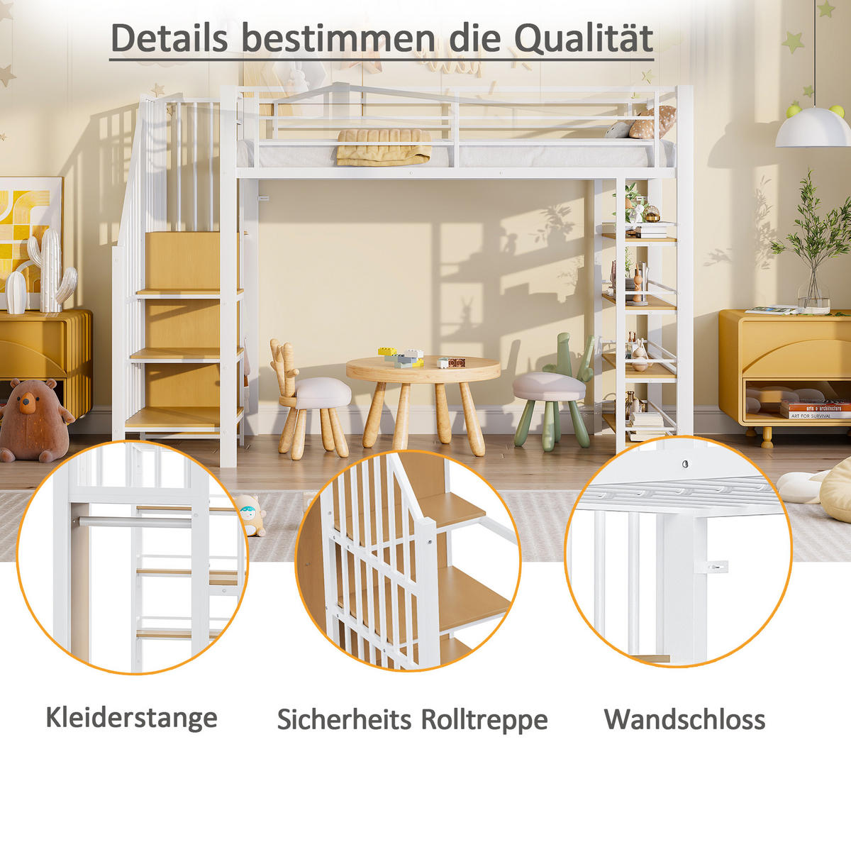 HOCHBETT 90/200 cm in Weiß mit Stauraum und Kleiderstange - Weiß, Metall (90/200cm) - Flora Grace
