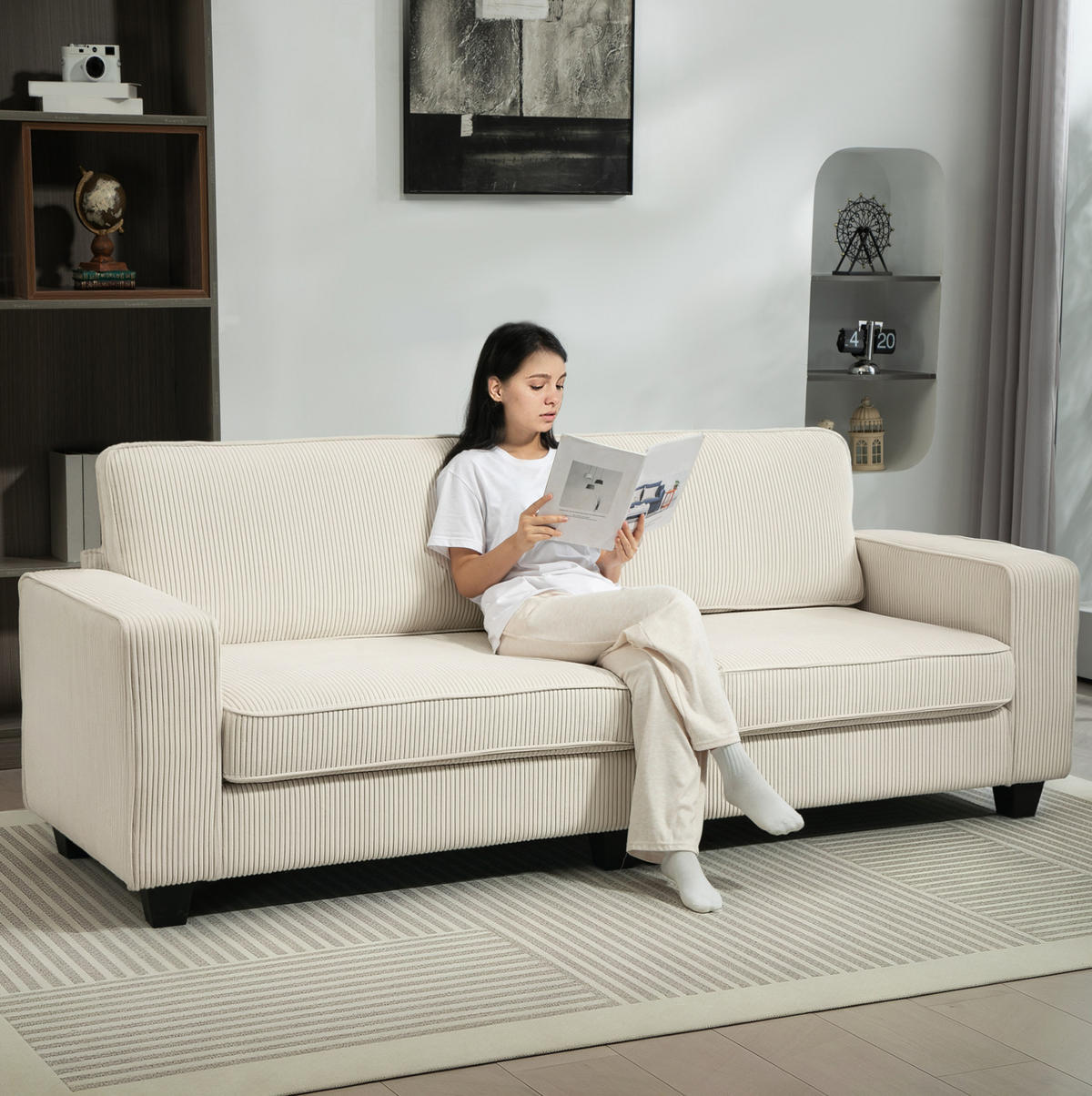 3-SITZER-SOFA 227/84/87 cm mit Federkern, Cordbezug und gepolsterten Armlehnen, Cremeweiß - Weiß, Holzwerkstoff (227/87/84cm) - Redom
