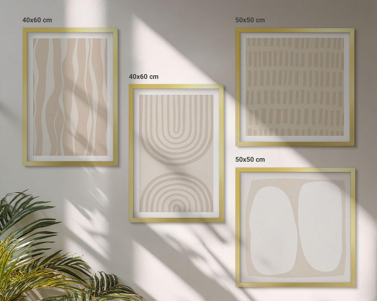 BILDER SET 4er Set - 50x50 cm & 40x60 cm Goldrahmen - Abstrakte Boho-Musterformen - Goldfarben, Kunststoff (50/50cm) - TULUP