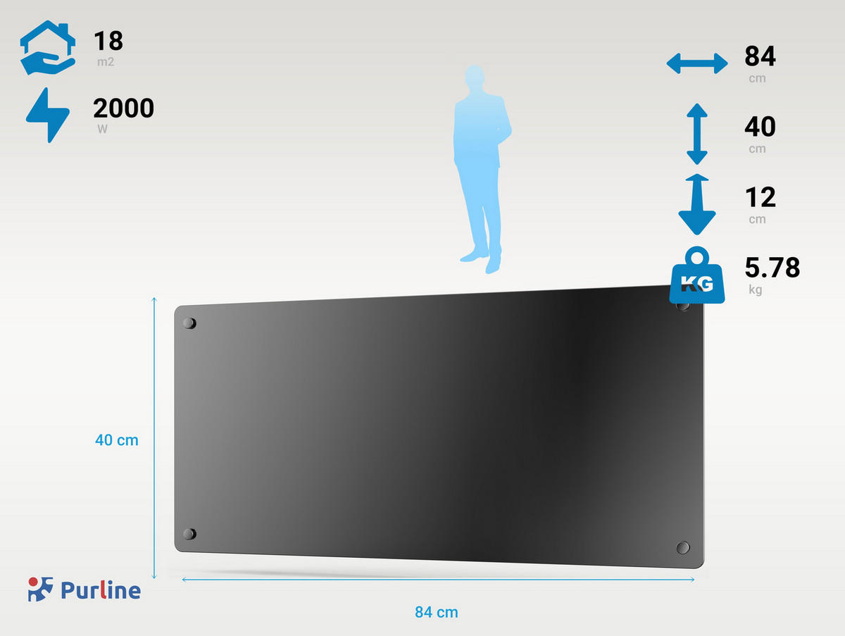 HEIZKÖRPERPANEEL Schwarz mit Glasscheibe und WiFi-App-Steuerung 2000 W - Schwarz, Keramik (84/40/12cm) - Purline