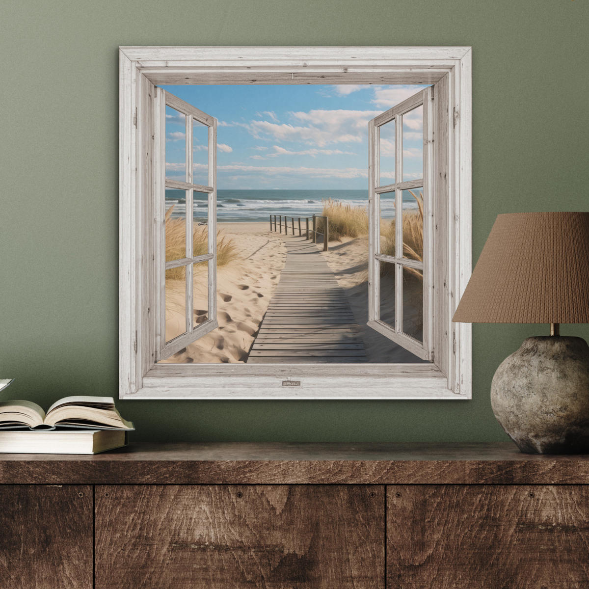 AKUSTIKBILD Fenster - Meer - Küste - Natur - Ausblick - Strand - Wattenmeer Wandbilder 60x60 cm - Beige, Kunststoff (60/60/0.9cm) - MuchoWow