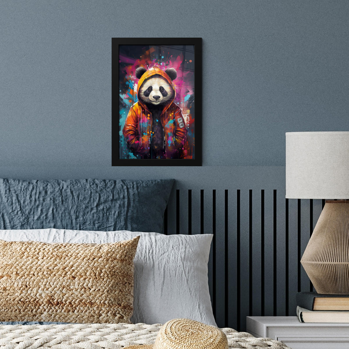 GERAHMTES BILD Panda - Jacke - Graffiti - Orange 20x30 cm - Orange, Papier (20/30cm) - MuchoWow