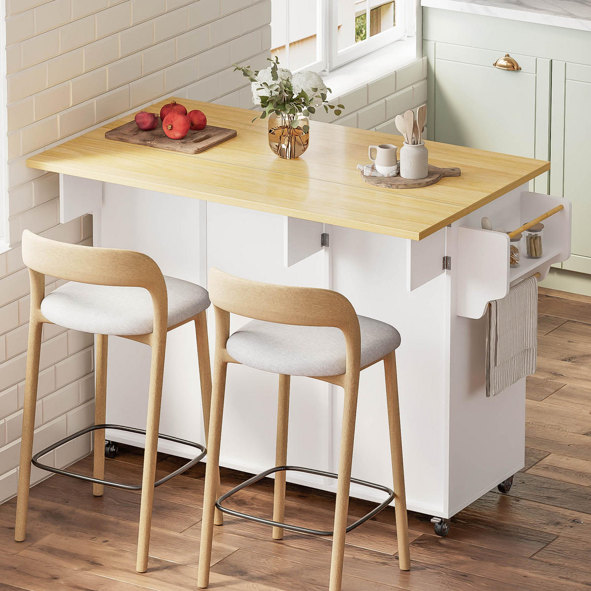 KÜCHENWAGEN mit Klappplatte, Schublade und Stauraum 120 x 70/45 x 92 cm Natural White - Naturfarben, Holz (70/92/120cm) - Beauniv
