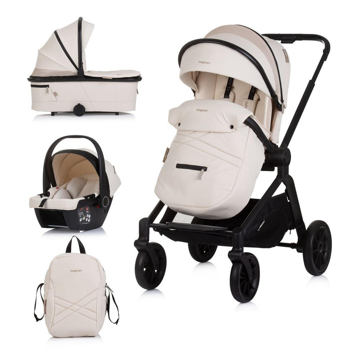 KOMBIKINDERWAGEN Magnum 3 in 1 creme Babywanne Sportsitz i-Size Babyschale - Beige, Metall (96/59/104cm) - Chipolino