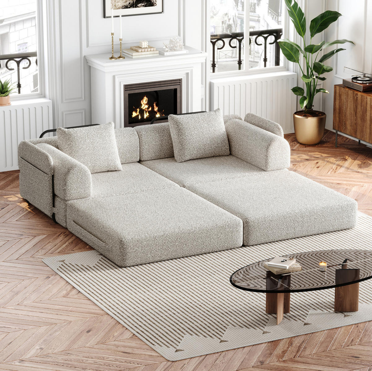 SCHLAFSOFA aus Chenille Khaki 2-in-1 mit Armlehnen-Ablagefach und flexibler Modulnutzung - Naturfarben, Textil (94/49.5/181.6cm) - Modfu