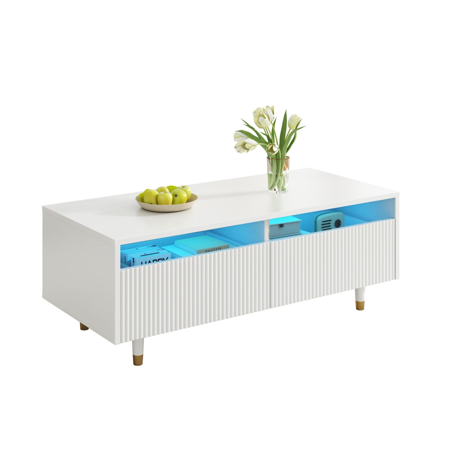 COUCHTISCH Weiß mit LED, Wellendesign und goldfarbenen Beinen - Weiß, Metall (110/50/40cm)