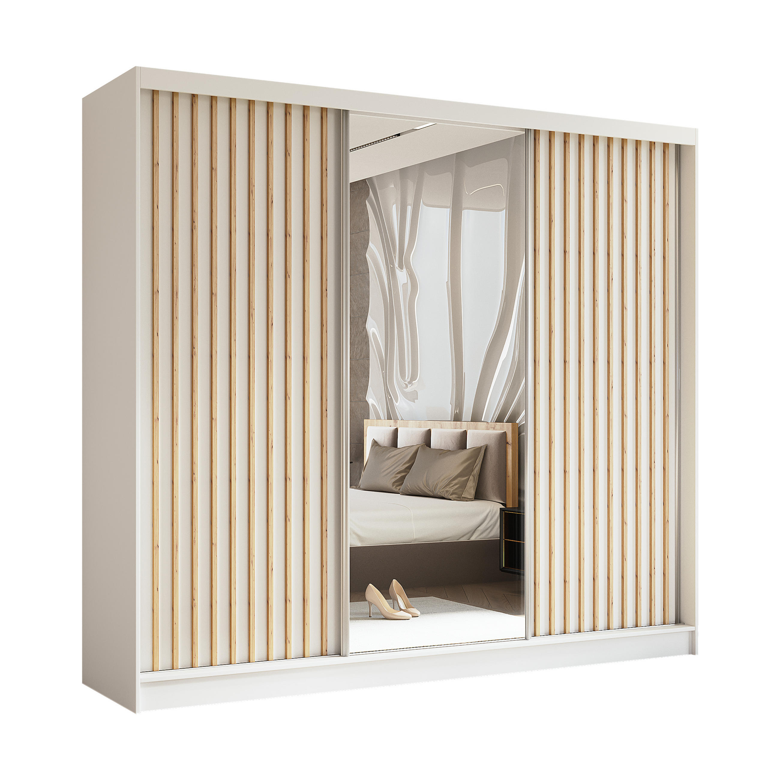 SCHWEBETÜRENSCHRANK Erika 240 cm mit Lamellen und Spiegel 3-türig, weiß, weiß, Lamelle Artisan - Weiß/Eiche Artisan, Kunststoff (240/216/51cm) - Margaret Hadas24