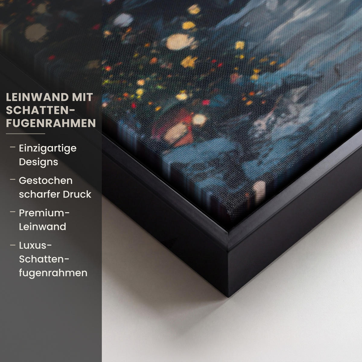 LEINWAND Bilder mit Rahmen - Weihnachtsdorf - Weihnachten - Schnee - Winter - 120x80 - Dunkelblau, Textil (120/80cm) - MuchoWow