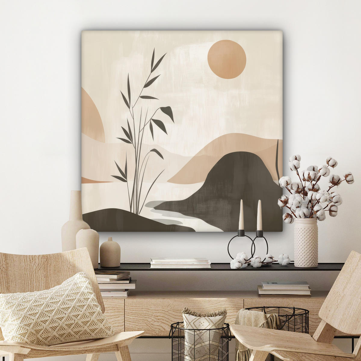 LEINWANDBILD Japandi - Landschaft - Beige 90x90 cm - Cognac, Textil (90/90cm) - MuchoWow