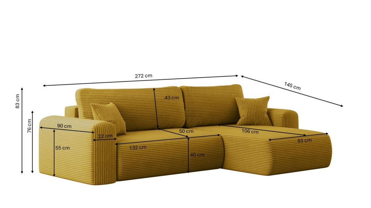 ECKSOFA Mit Schlaffunktion und Stauraum für Bettzeug Capri Stoff Poso Gelb Rechts - Gelb, Holz/Textil (272/145cm) - Kaiser Möbel