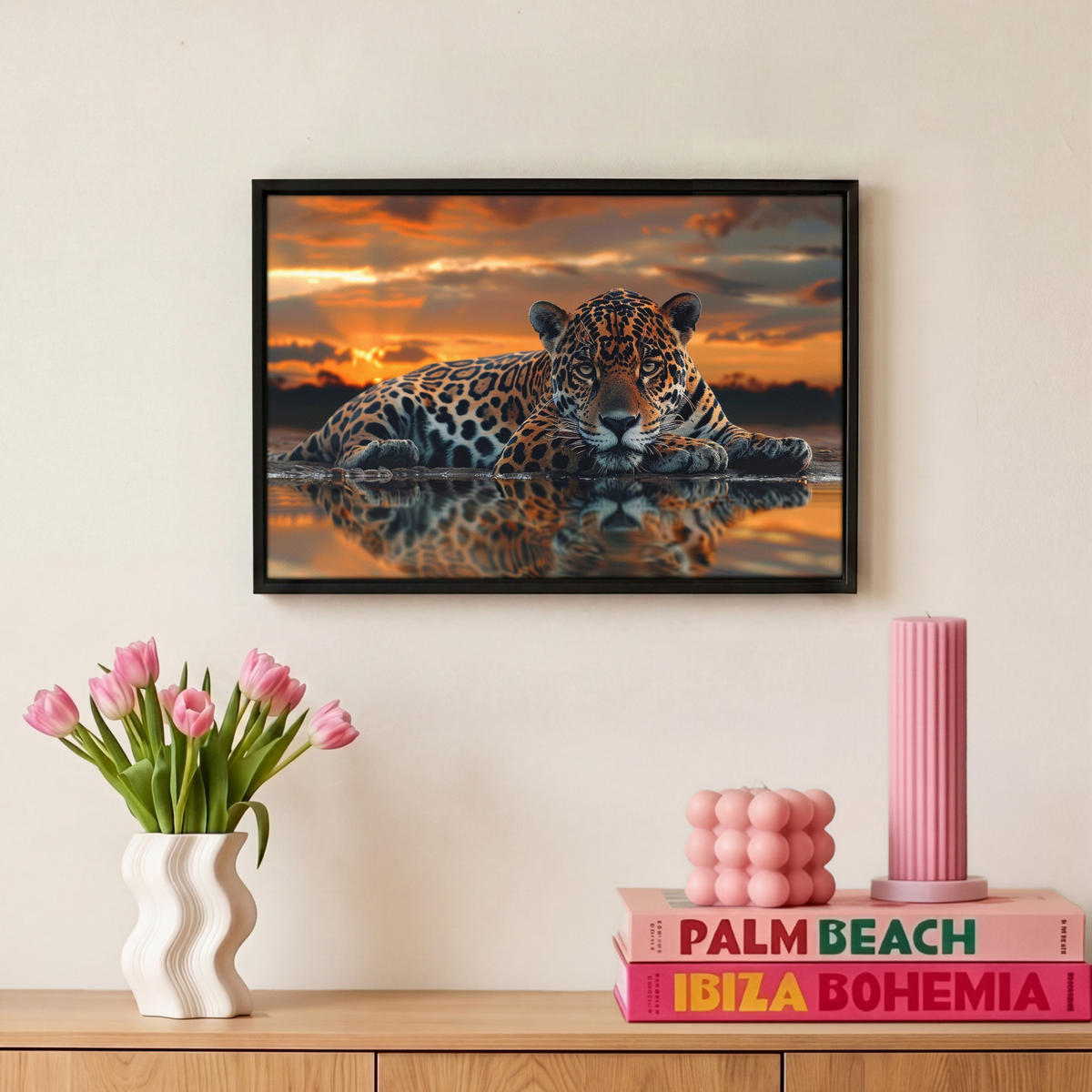 LEINWAND Bilder mit Rahmen - Natur - Leopard - Tier - Sonnenuntergang - Modern - 30x20 - Orange, Textil (30/20cm) - MuchoWow