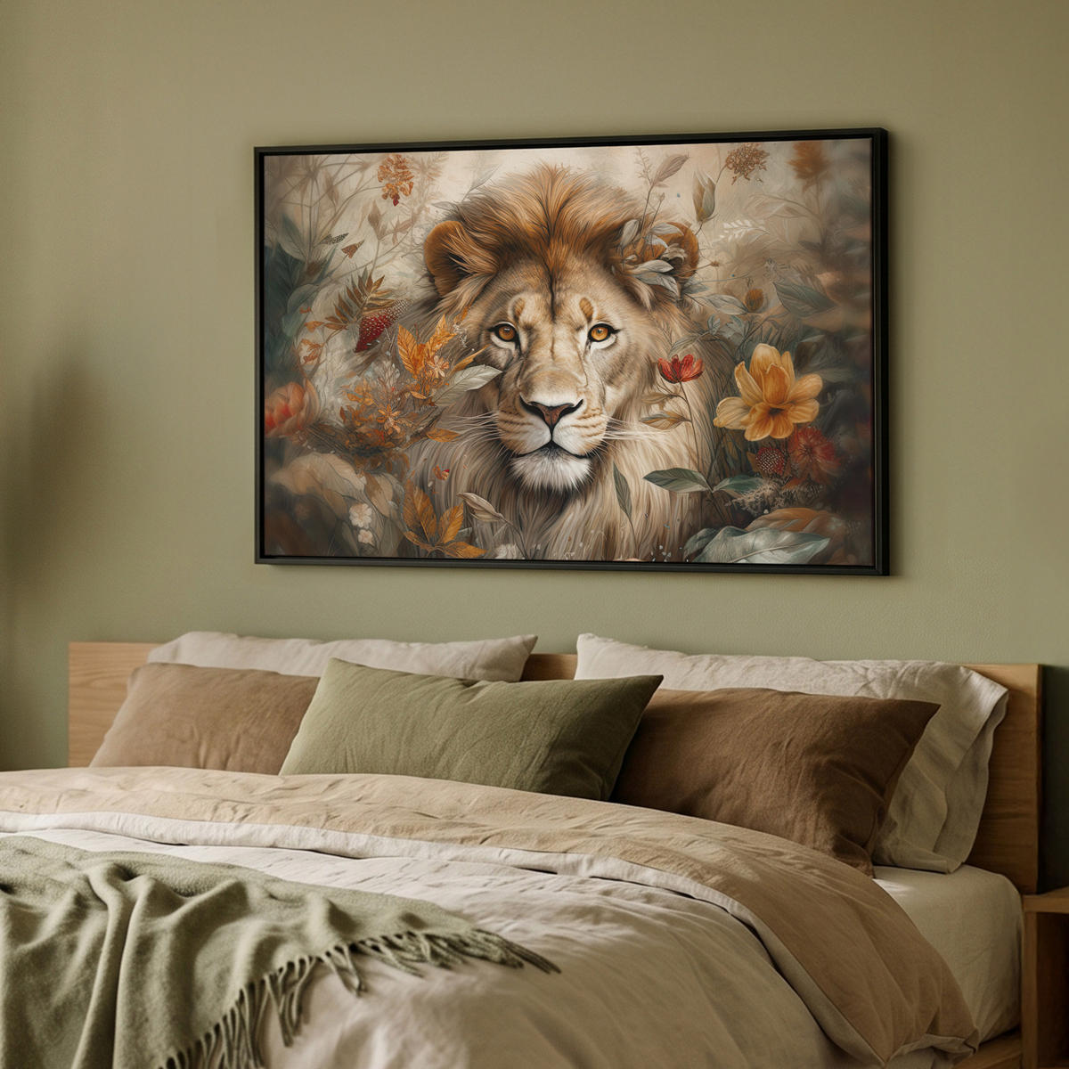 LEINWAND Bilder mit Rahmen - Löwe - Wildtiere - Pflanzen - Natur - Blumen - 90x60 - Beige, Textil (90/60cm) - MuchoWow