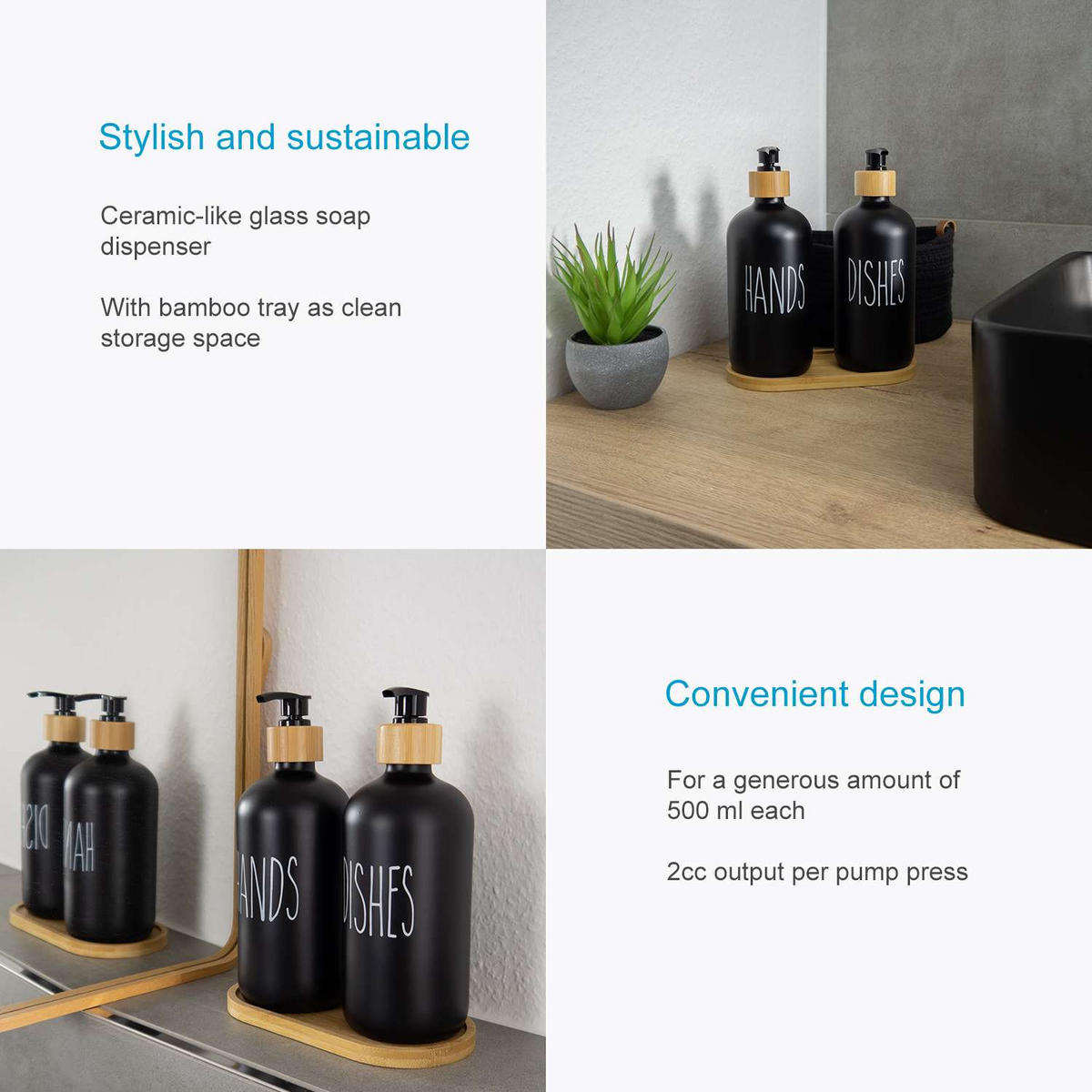 SEIFENSPENDER SET 500ml mit Tablett (3-tlg.) - Schwarz, Glas (8.8/20.6/17.4cm) - Intirilife