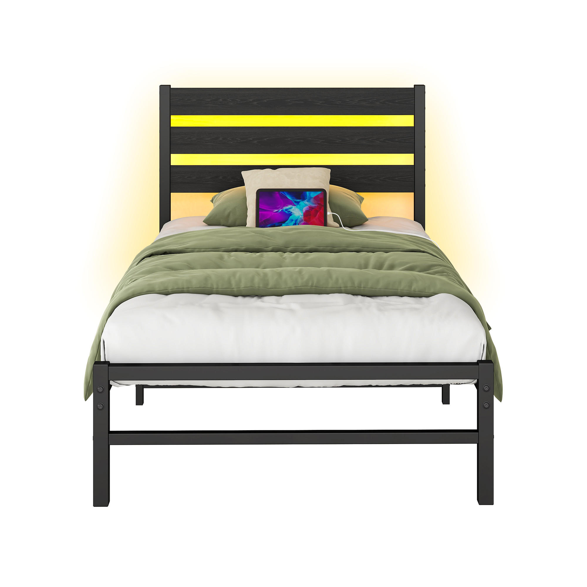 METALLBETT 90x200 cm LED USB Stauraum - Schwarz, Holzwerkstoff (90/200cm) - LEBENLANG