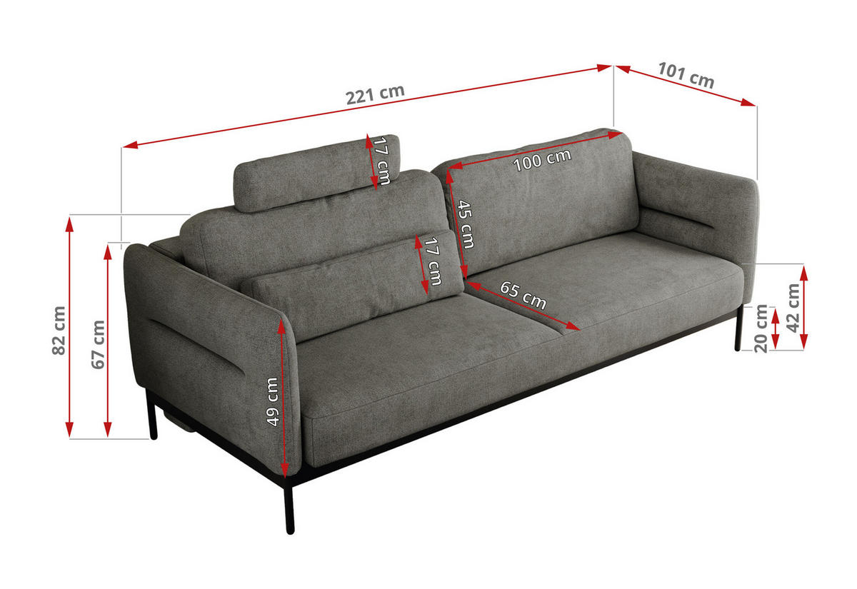 SOFA SALENTO Grau Struktur - Schwarz/Grau, Textil/Metall (221/82/101cm) - MKS
