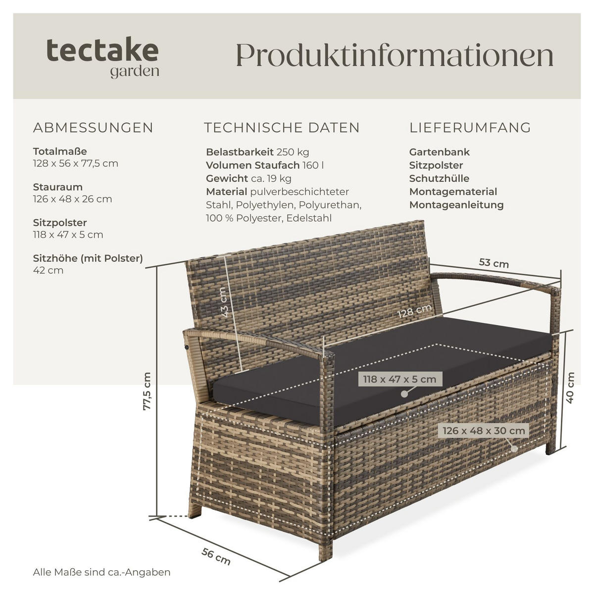 RATTAN-GARTENBANK Vecchia, 128 x 56 x 77,5 cm, inklusive Schutzhülle, natur - Naturfarben, Kunststoff (128/77.5/56cm) - tectake