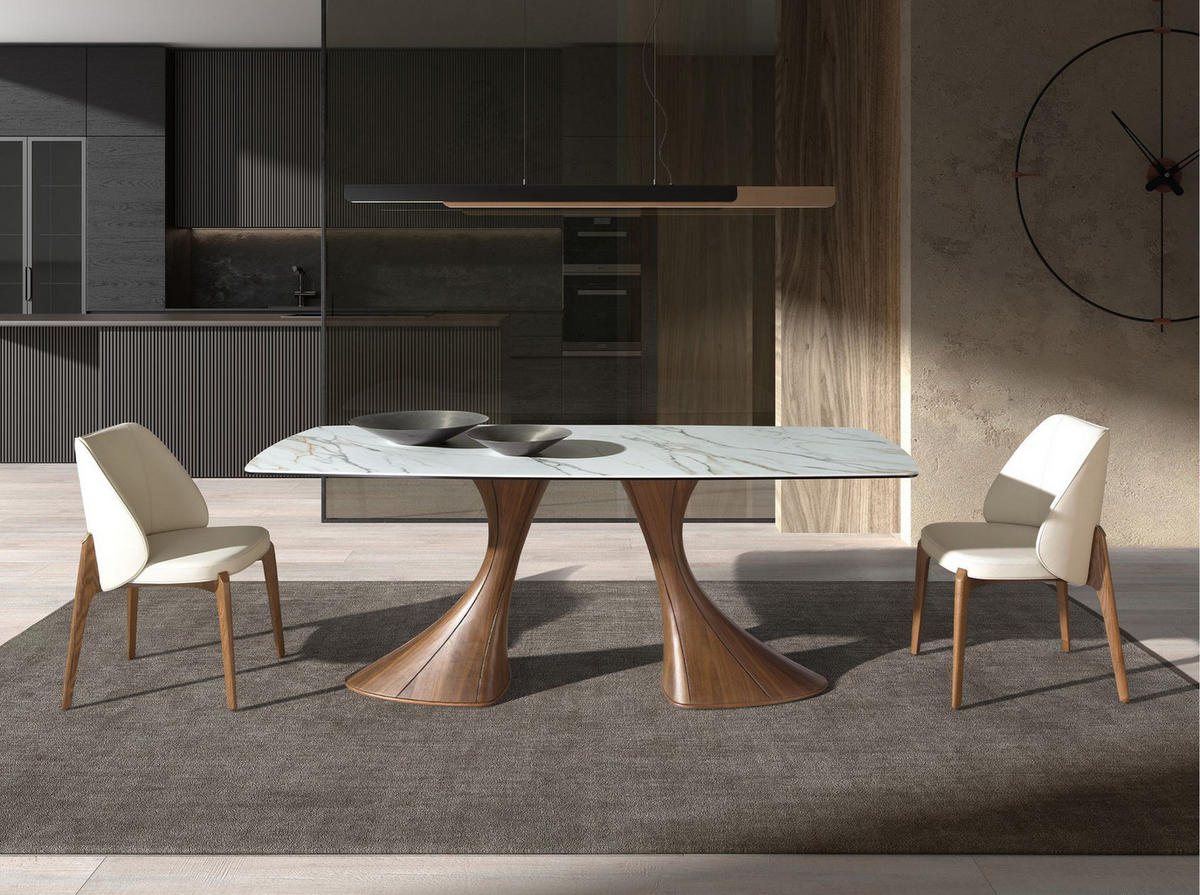 ESSTISCH Ovaler Esstisch in Fassform aus Porzellanmarmor und Nussbaum Ø200/90/75 cm - Hellbraun/Walnussfarben, Keramik/Holz (90/200/75cm) - ANGEL CERDA