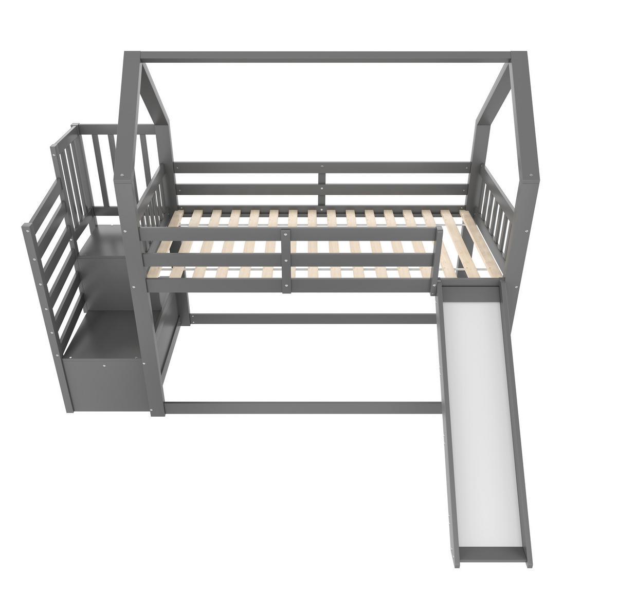 ETAGENBETT aus Kiefernholz und MDF 90x200 cm Grau mit Stauraumtreppe, Rutsche und Hausdesign - Grau, Holzwerkstoff (90/200cm) - Modfu