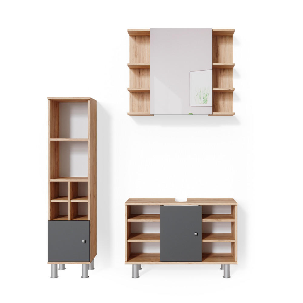 BADMÖBEL-SET Fynn Goldkraft Eiche 3 Teile, mit Midischrank Tür klein - Anthrazit/Eiche Wotan, Holzwerkstoff (60/54/32cm) - Vicco