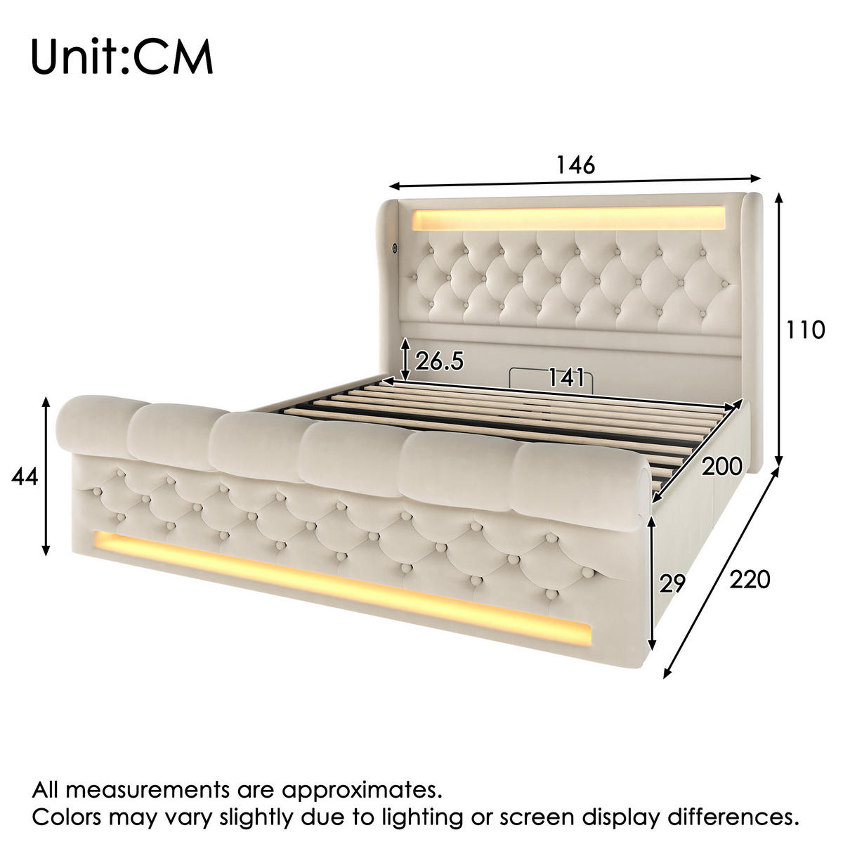 SAMT-POLSTERBETT 140/200 cm mit LED-Beleuchtung und Bettkasten in Beige - Beige, Textil (140/200cm) - BEAOK
