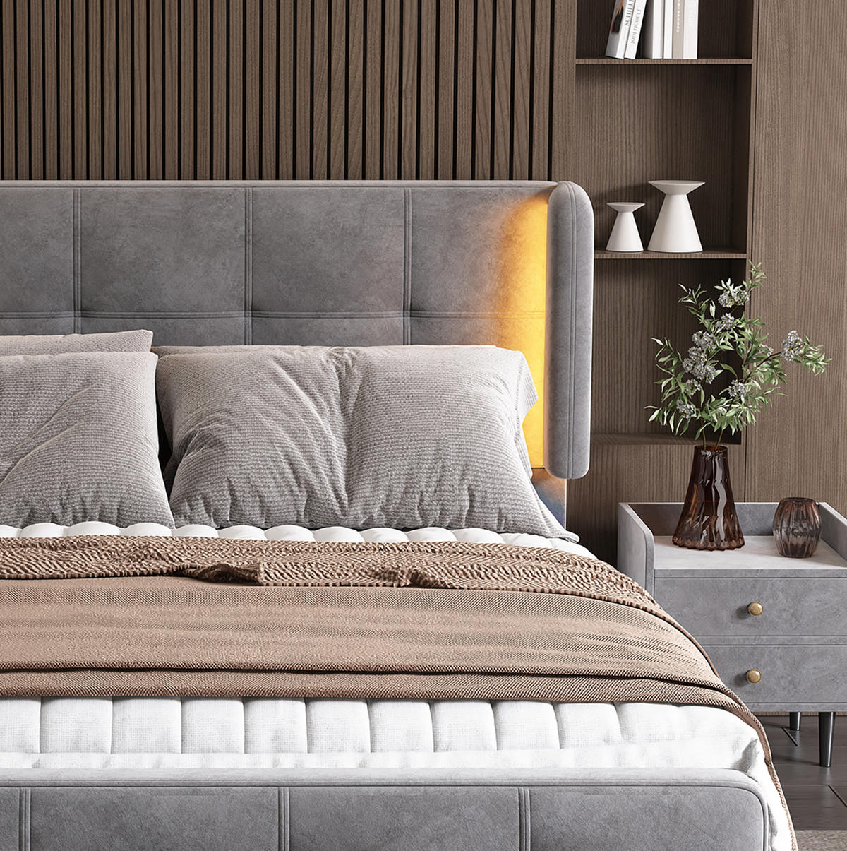 POLSTERBETT 140/200 cm aus Samt in Grau mit LED-Beleuchtung - Grau, Textil (140/200cm) - Flora Grace