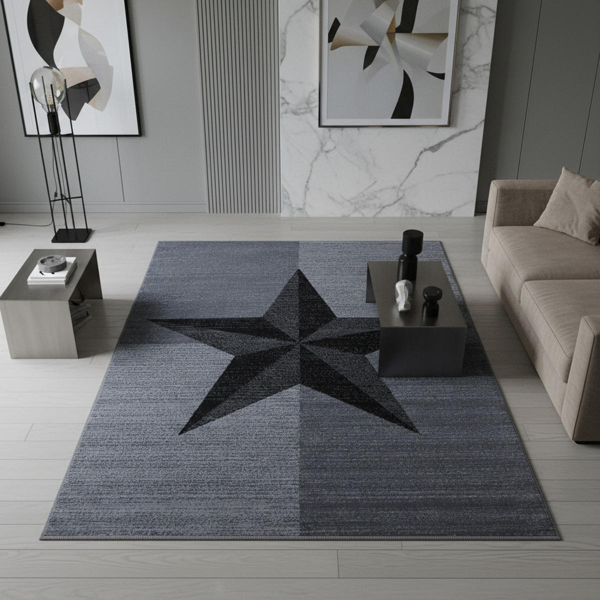 TEPPICH Kurzflor Sterne-Muster Polypropylen Wohnzimmer Grau Läufer 80x150 - Grau, Textil (80/150cm) - KADIMA DESIGN