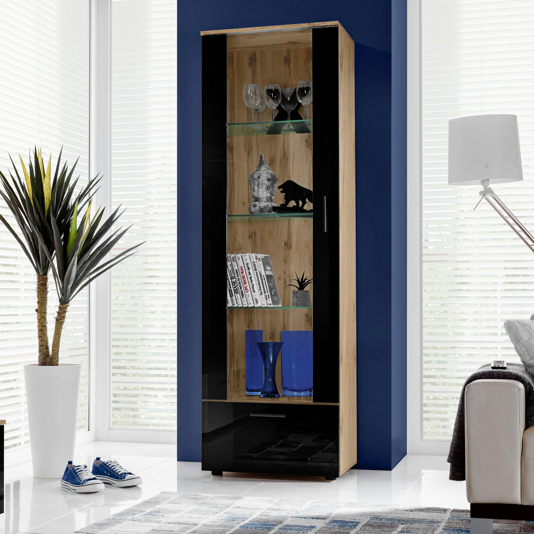 VITRINE ALESSANDRIA, Schwarz - Eiche Wotan/Schwarz, Glas/Holzwerkstoff (60/192/42cm) - Komodee