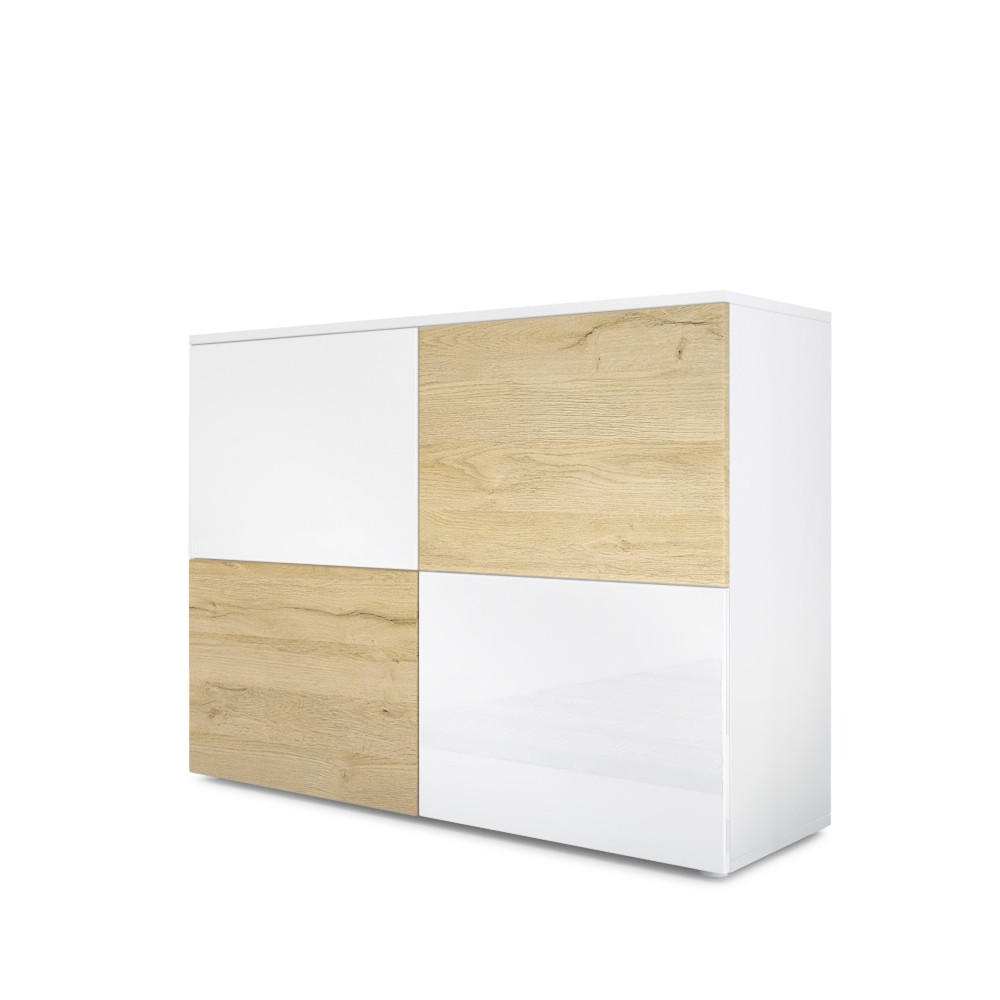 Vladon KOMMODE Weiß Hochglanz, Eiche 92cm × 35cm × 72cm