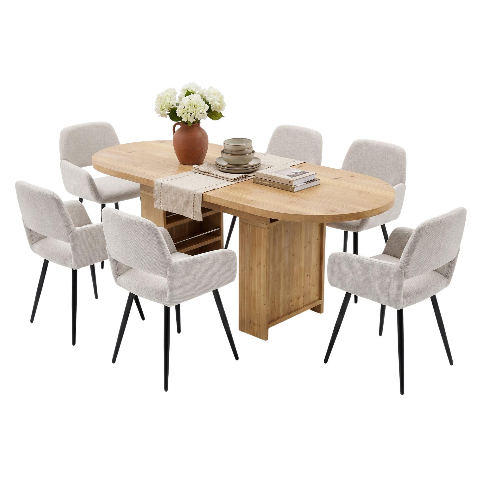 ESSGRUPPE 1+6 Ausziehbarer Tisch Eiche 150-200cm & 6 Armlehnstühle Beige - Eichefarben, Holzwerkstoff (200/76/90cm) - Urban Meuble
