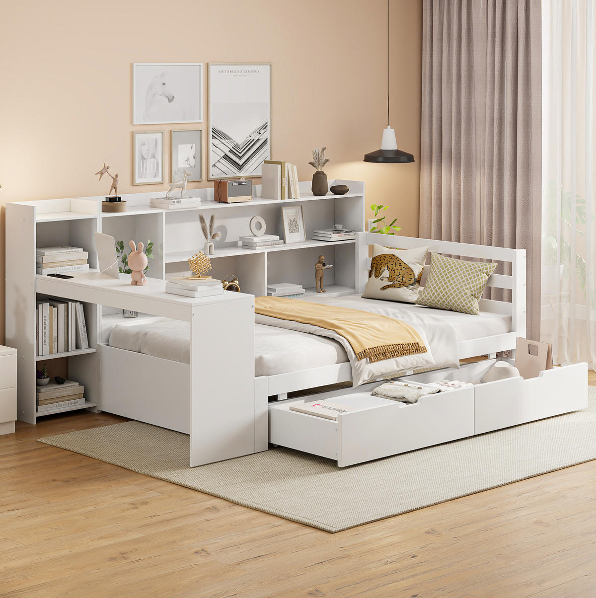 BETT aus Holz 90x200 cm Weiß mit Schreibtisch, Regalen, 2 Schubladen und Steckdose - Weiß, Holzwerkstoff (90/200cm) - Modfu