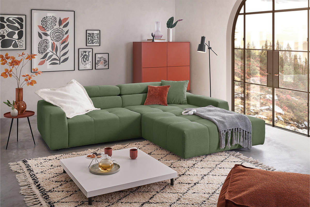 ECKSOFA RENO Grün Cord - Schwarz/Grün, Kunststoff/Textil (258/217cm) - KAWOLA