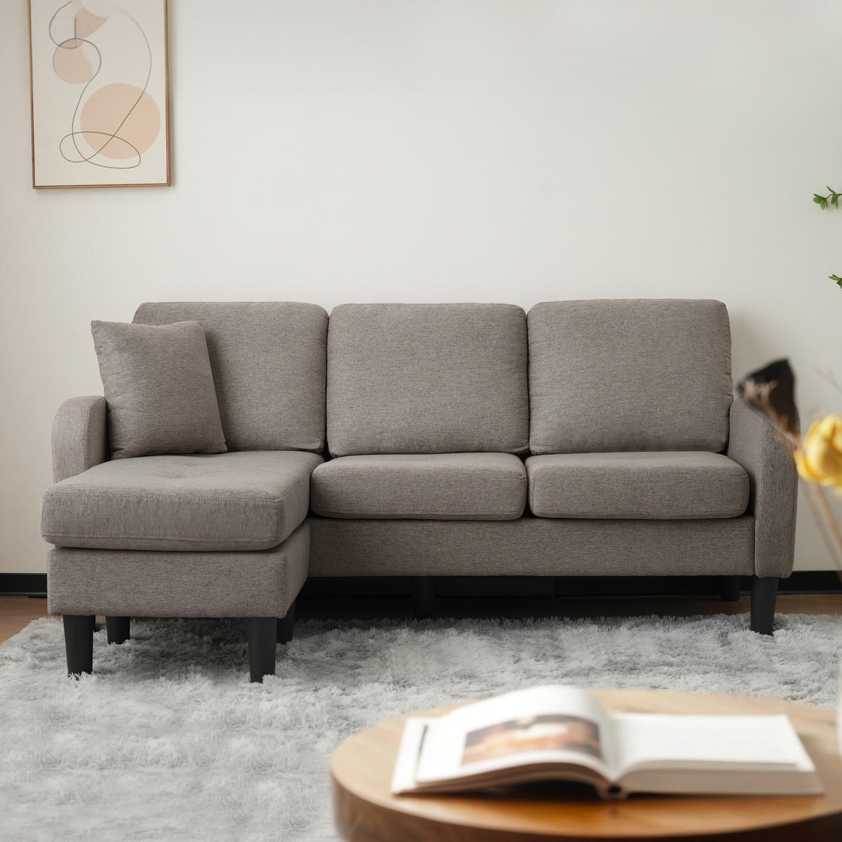 ECKSOFA 3-Sitzer Sofa, Rückenkissen, Schlaffunktion, Baumwoll-Leinenstoff, 166 x 118 x 77 cm - Dunkelgrau, Textil (118/166cm) - Kaket
