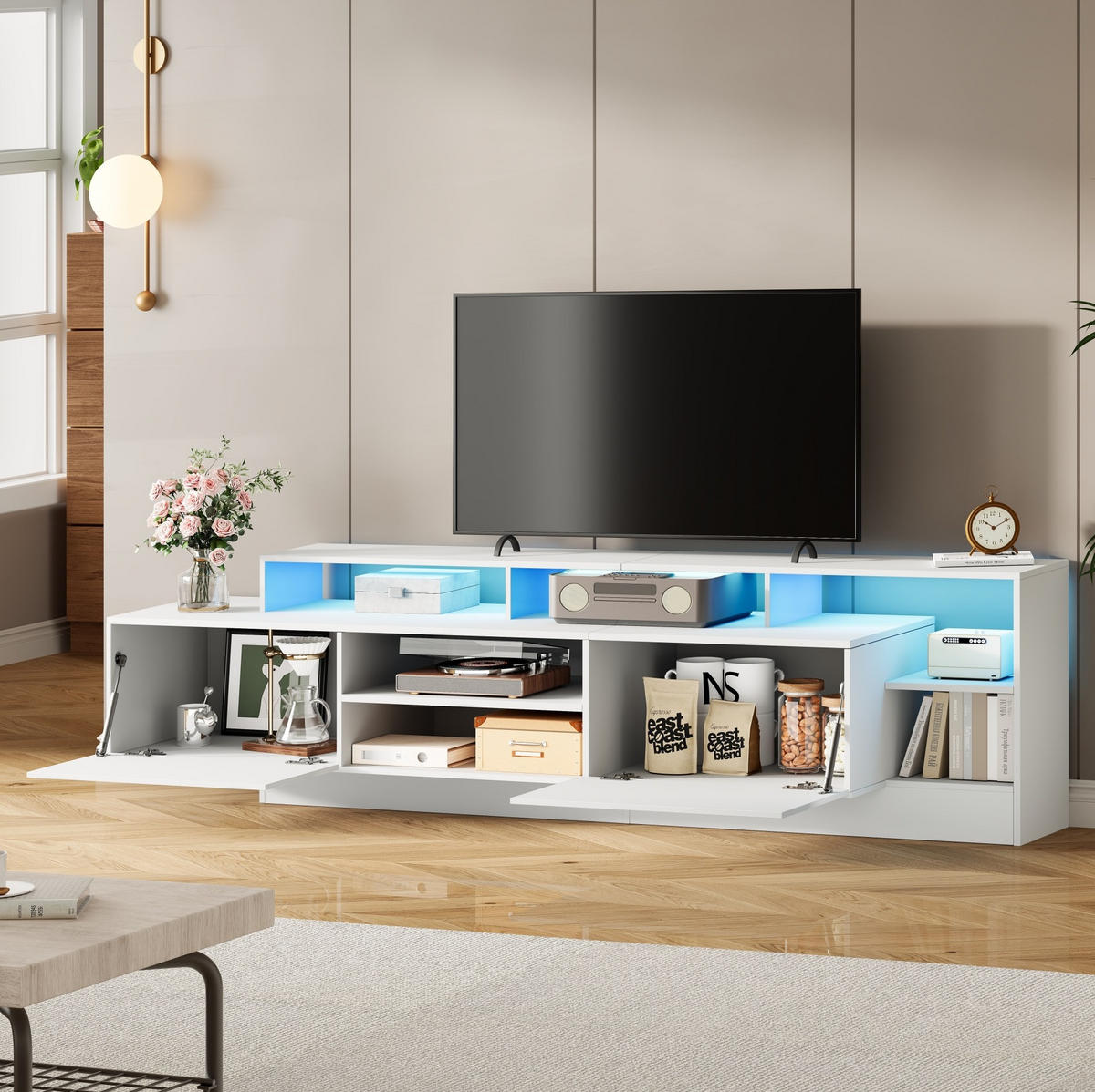 TV-LOWBOARD 190/40/48,5 cm mit 2 Klapptüren und LED-Beleuchtung - Weiß, Holzwerkstoff (190/48.5/40cm) - BEAOK