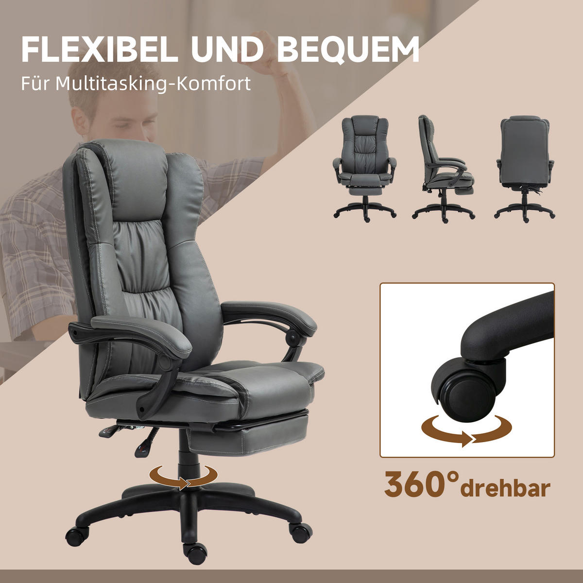VERSTELLBARER Drehstuhl mit Fußstütze, Kopfstütze, Massagefunktion, Dunkelgrau - Dunkelgrau/Schwarz, Kunststoff (68.5/121/68.5cm) - Vinsetto