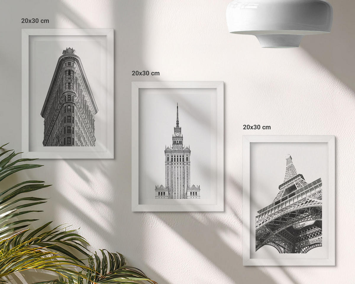 BILDER SET 3er Set - 20x30 cm Weißer Rahmen - Architektonische Schwarz-Weiß-Gebäude - Weiß, Kunststoff (20/30cm) - TULUP