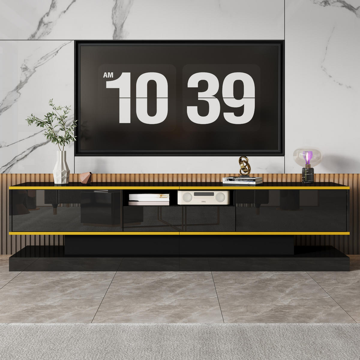 TV-SCHRANK aus Holzwerkstoff 180x38x45 cm Schwarz/Gold mit LED-Beleuchtung, Hochglanzoberfläche und 3 Schubladen - Schwarz, Holzwerkstoff (180/45/38cm) - Modfu