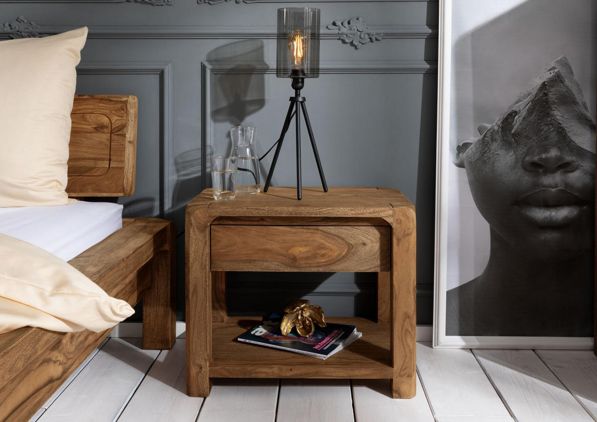 NACHTTISCH Sheesham 60x40x50 braun geölt BUENO #005 - Hellbraun, Holz (60/50/40cm) - Massivmoebel24