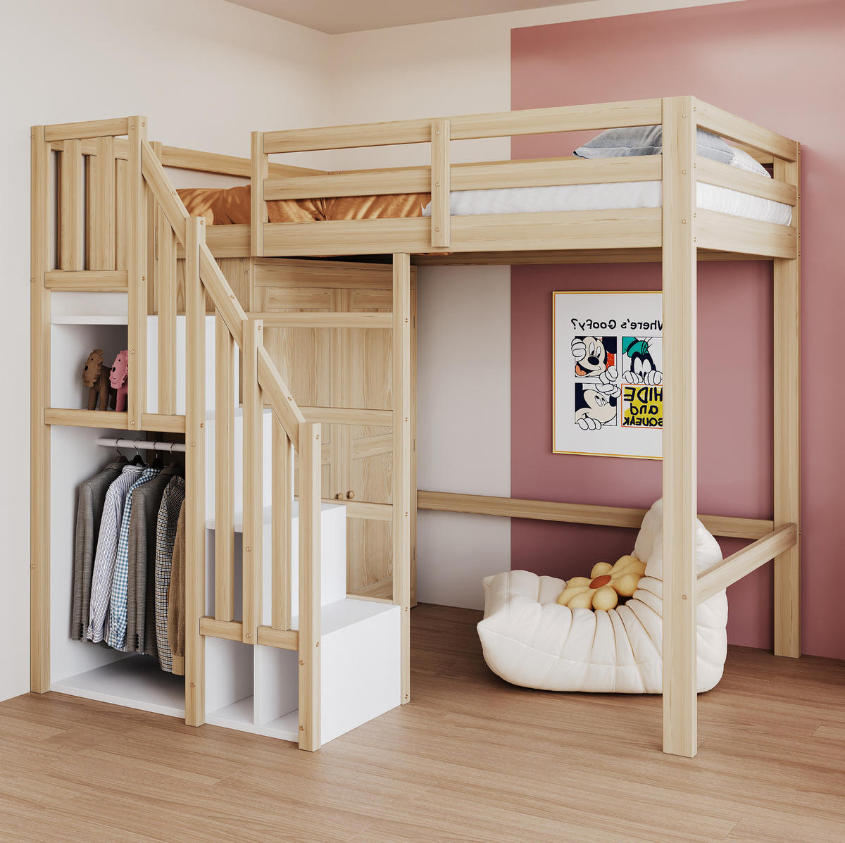 HOCHBETT 90/200 cm in Naturholz – mit Kleiderschrank, Stauraumtreppe und Rausfallschutz - Naturfarben, Holzwerkstoff (90/200cm) - BEAOK