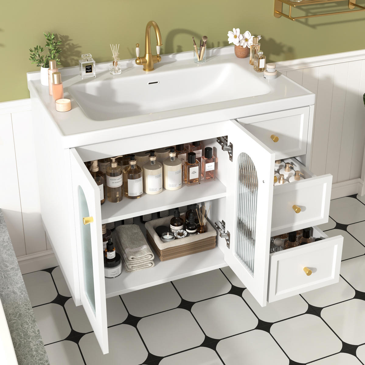 WASCHBECKENUNTERSCHRANK Wandmontierter Badezimmerschrank,Schubladen verstellbare Böden Wellenglas Goldgriffe - Transparent/Weiß, Keramik/Holzwerkstoff (80/58/50cm) - EVRYAE