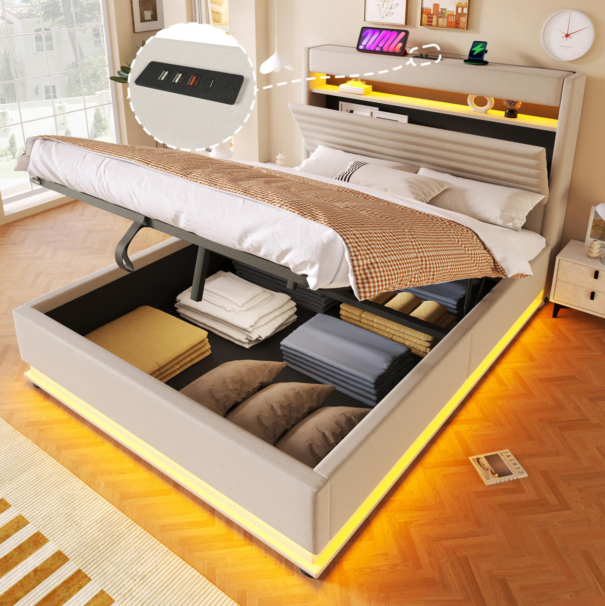 POLSTERBETT 140/200 cm aus Leinen mit LED und USB-C-Ladefunktion Beige - Beige, Textil (140/200cm) - Modenvie