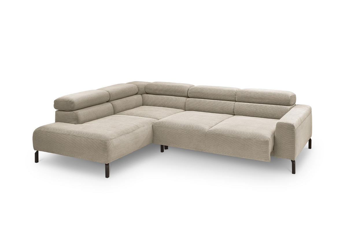 ECKSOFA MIT MOTORISCHEM SITZVORZUG DELIA Beige Cord - Beige/Schwarz, Textil/Metall (276/219cm) - KAWOLA