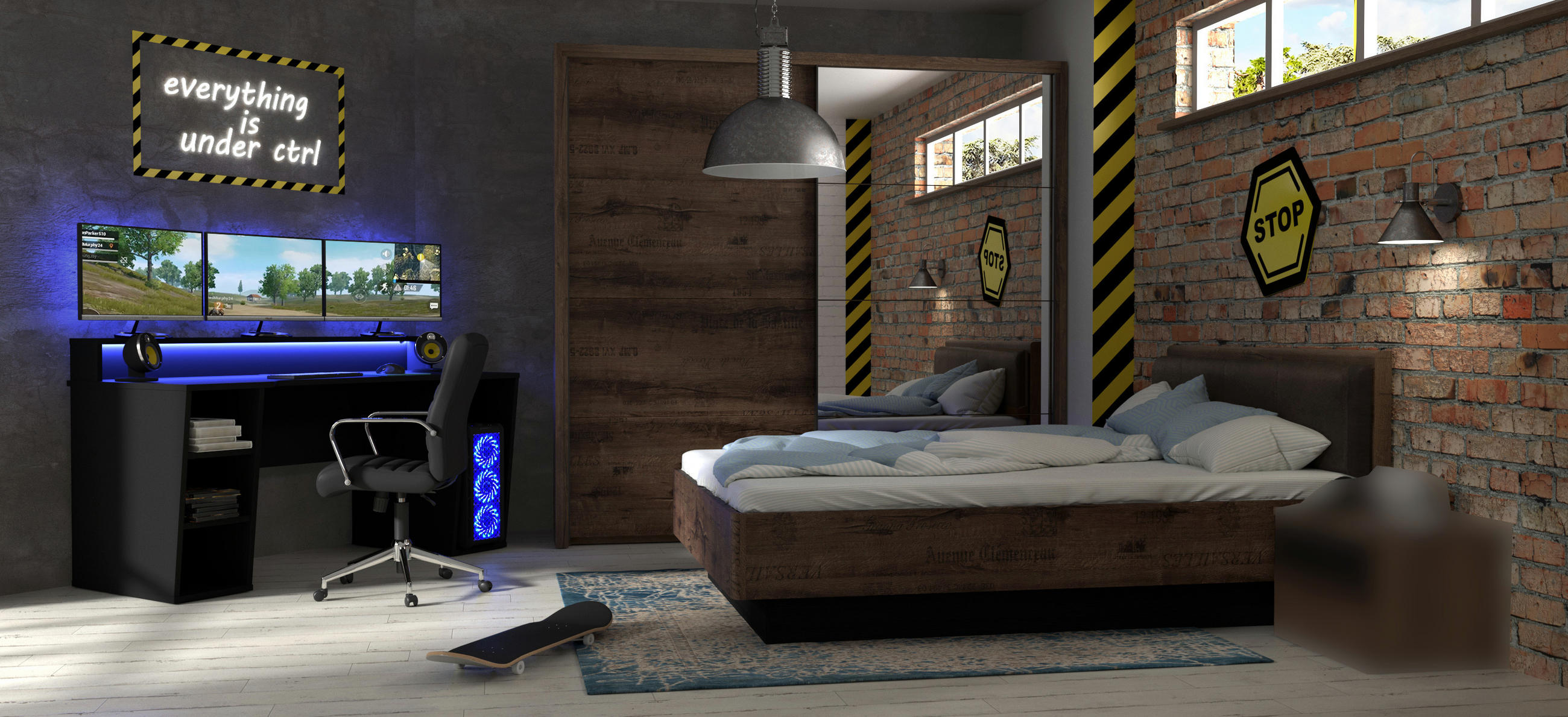 JUGENDZIMMER Tezaur "Jacky" in Schlammeiche, Schwarz und Schwarzeiche 5 teilig mit RGB LED, Lattenrost und Matratze - Braun, Holzwerkstoff (120/200/80cm)
