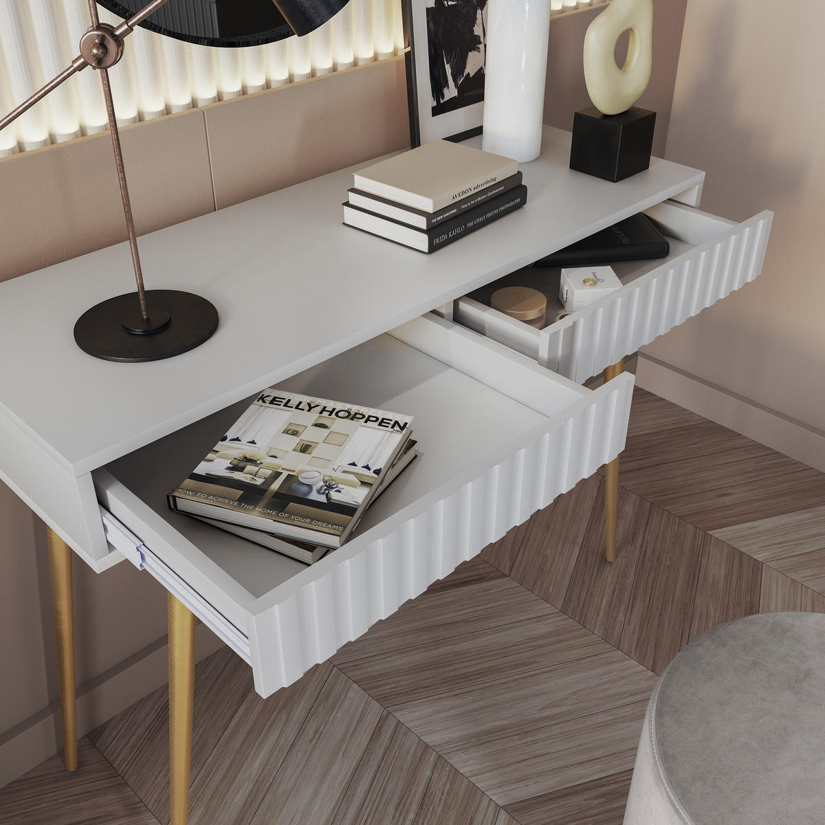 KONSOLE Bello Weiß mit goldenen Metallfüßen 104 cm - Goldfarben/Weiß, Holzwerkstoff/Metall (38/104/80cm) - Selsey