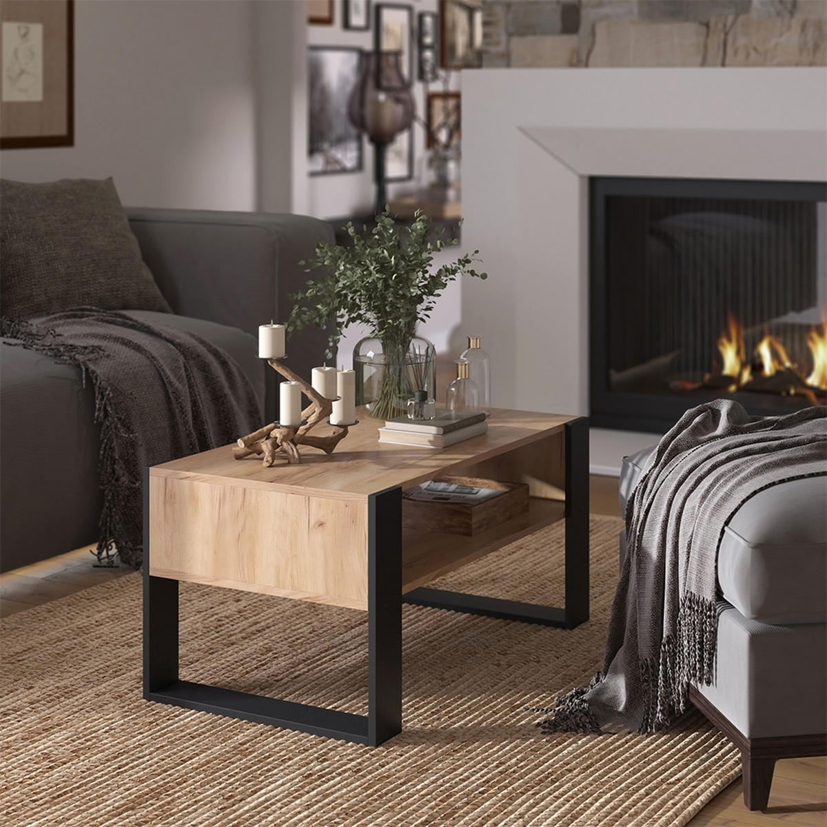 COUCHTISCH Olli Goldkraft Eiche 92 x 52,4 cm mit Ablage - Eiche Wotan/Schwarz, Holzwerkstoff (52.4/92/45.6cm) - Vicco
