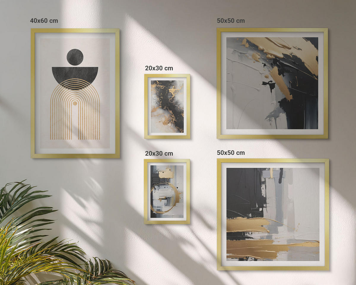 BILDER SET 5er Set - 50x50 cm & 20x30 cm & 40x60 cm Goldrahmen - Abstrakte Geometrie-Komposition - Goldfarben, Kunststoff (40/60cm) - TULUP