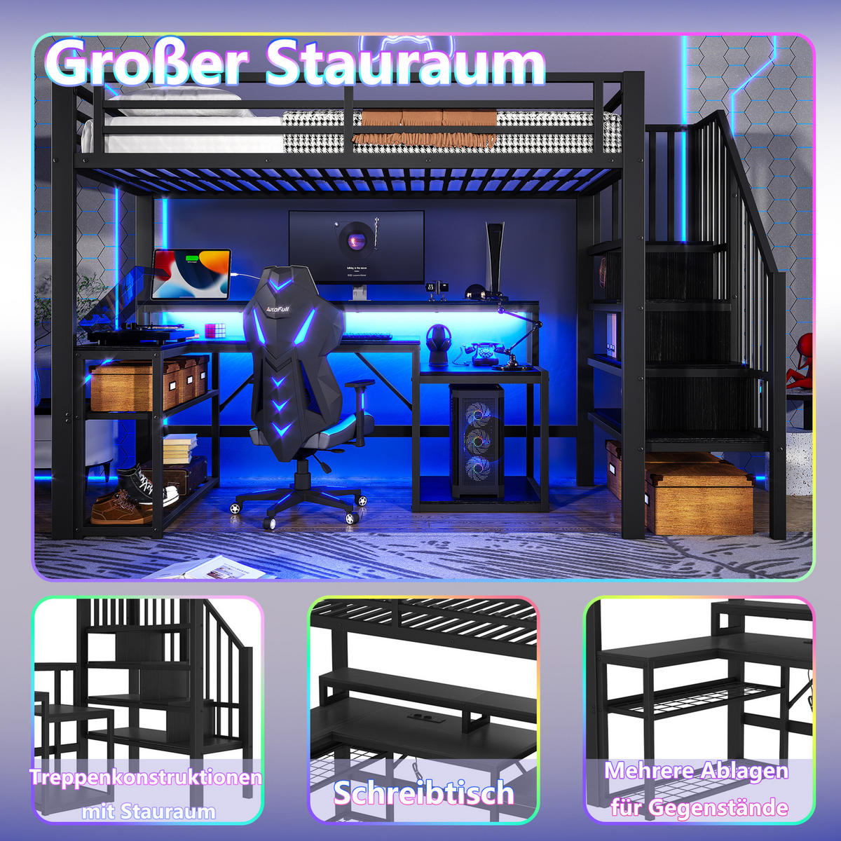 HOCHBETT aus Metall und MDF 90x200 cm Schwarz mit Stauraumtreppe, Schreibtisch, LED und USB - Schwarz, Metall (90/200cm) - IVMEU