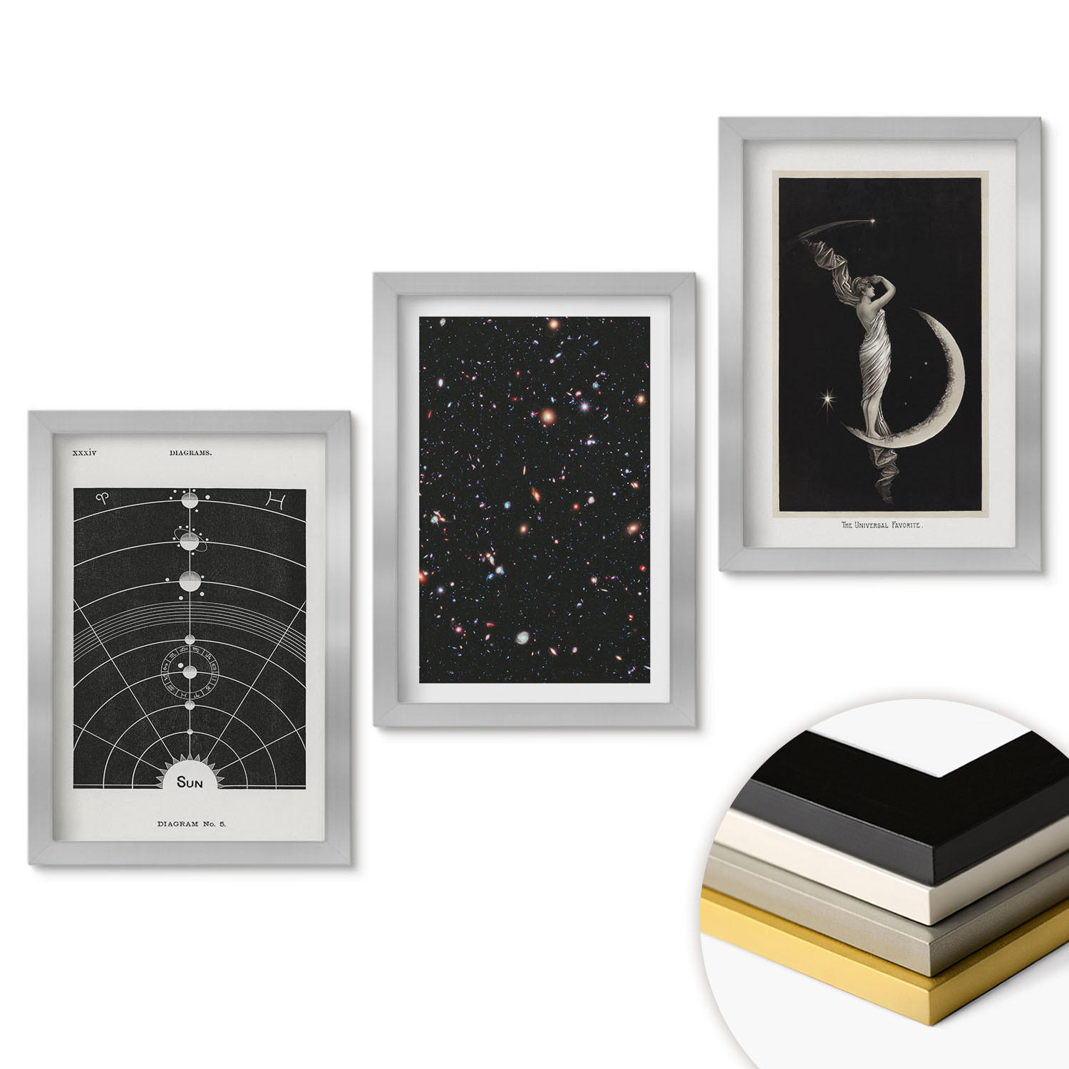 WANDBILDER 3er Set - 20x30 cm Silberner Rahmen - Nachtdarstellung des Sonnensystems - Silberfarben, Kunststoff (20/30cm) - ArtPrintCave