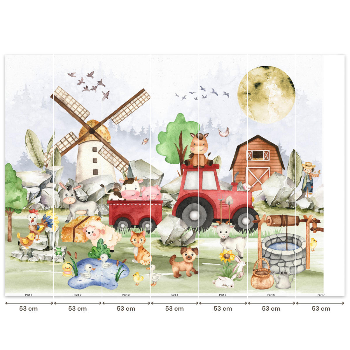 KINDERTAPETE - Bauernhof - Traktor - Kinder - Tiere - 350x260 cm - Weiß, Papier (350/260cm) - OnlyWow